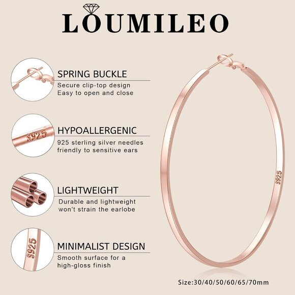 Sterling Silver Hoop Earrings Large Rose Gold Lightweight Big Hoops for Women - Picture 4 of 6